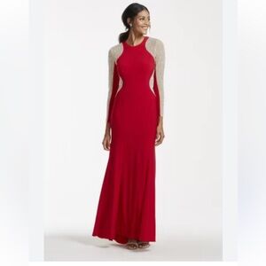 XSCAPE FANCY BEADED BEAUTIFUL GOWN RED AND NUDE